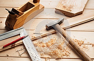 Carpenter tools, plane, hammer,meter, nails,