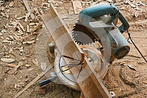 Carpenter tools sawdust. Circular Saw,carpenter machine on working