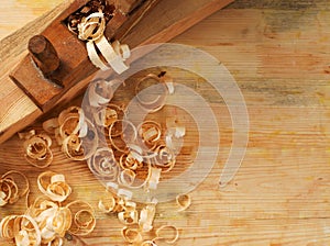 Carpenter tools on wood table background. Copy space. Top view