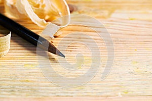 Carpenter tools on wood table background. Copy space. Top view