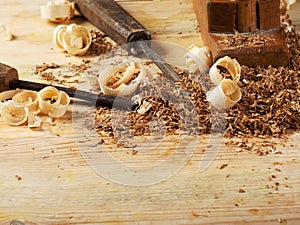 Carpenter tools on wood table background. Copy space. Top view