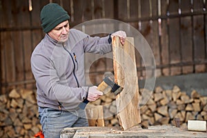 Carpenter using hatchet on walnut wood