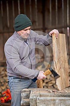 Carpenter using hatchet on walnut wood