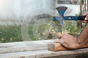The carpenter was hammering nails into the wood with a hammer.
