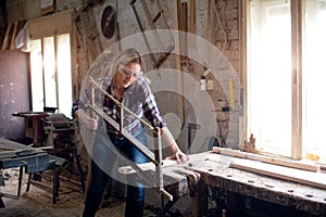 Carpenter woman is cutting wood