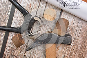 Carpenter work tools hammer pincer nail project building