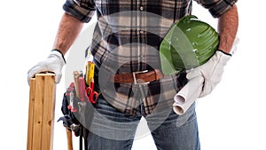 Carpenter with work tools on a white background. Carpentry