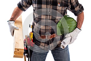 Carpenter with work tools on a white background. Carpentry