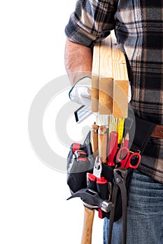 Carpenter with work tools on a white background. Carpentry