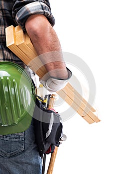 Carpenter with work tools on a white background. Carpentry