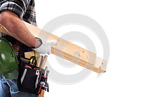 Carpenter with work tools on a white background. Carpentry