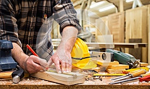 Carpenter at work on wooden boards. Carpentry