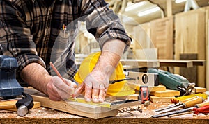 Carpenter at work on wooden boards. Carpentry