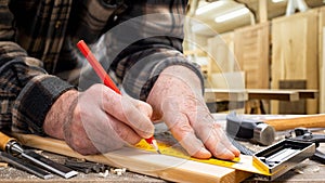 Carpenter at work on wooden boards. Carpentry