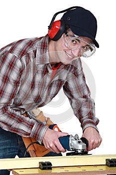 Carpenter at work on workbench