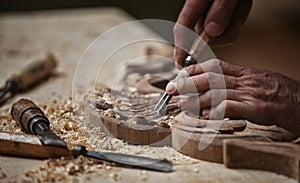 Carpenter working the wood, looking for inspiracion photo