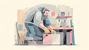 Carpenter Working on Wood Project in Workshop, Tool Bench, Craftsmanship