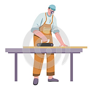 Carpenter working with wooden plank materials