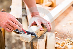 Carpenter with workpiece in carpentry photo