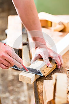 Carpenter with workpiece in carpentry photo