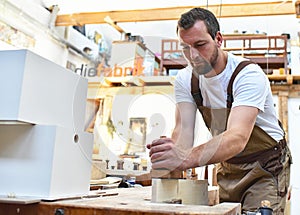 carpenter works in a joinery - workshop for woodworking and sawing