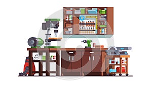 Carpenter workshop with drill and work bench