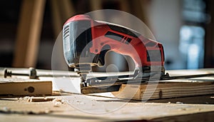 Carpenter workshop skilled craftsperson sawing timber with circular saw generated by AI
