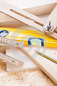 Carpenters level, ruler and right angle