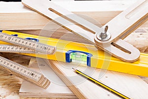 Carpenters level, ruler and right angle