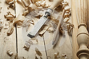 Carpentry concept.Joiner carpenter workplace. Construction tools on wooden table with sawdust. Copy space for text.