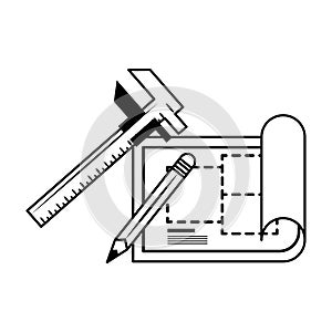 Carpentry and constrution tools cartoon in black and white photo