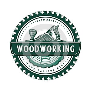 carpentry emblem logo with illustration of saw blade, plenner and wood.