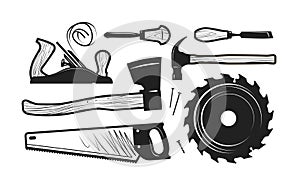 Carpentry, joinery icons. Set of tools such as axe, hacksaw, hammer, planer, disc circular saw, cutters. Vector