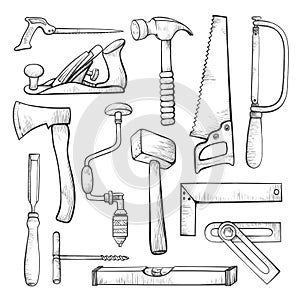 Carpentry professional tools hand drawn illustrations set