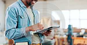 Carpentry, tablet and hands of a man in a workshop for online order, ecommerce and planning. Project with male carpenter