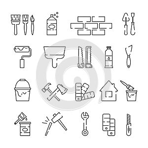 Carpentry tool icons. House renovate. Paint brush and roller for decorator. Spatula and bucket. Painter line symbols