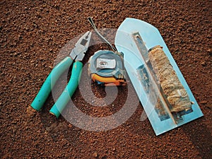 Carpentry tools. photo set up meter, peck and pliers.