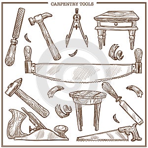 Carpentry tools sketch vector icons set for furniture repair and carpenter woodwork