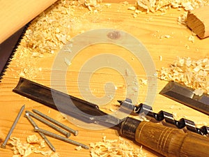 Carpentry tools on a wooden bench