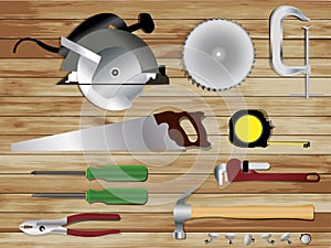 Carpentry tools on wooden texture background