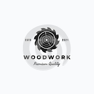 Carpentry vintage saw blade and tree rings vector illustration logo design. Simple woodworking saw blade and wood logo concept