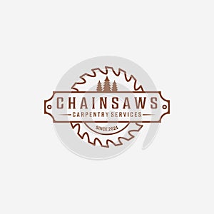Carpentry and Wood saw Logo Vector, Chainsaws Line art Vintage Illustration, Carpenter and Wood Working Concept Design