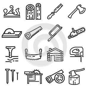 Carpentry wood work tools and equipment line icons set