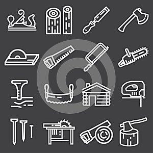 Carpentry wood work tools and equipment white icons set isolated