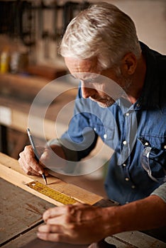 Carpentry, woodwork and man with pencil, ruler and designer furniture manufacturing workshop. Creativity, small business