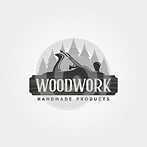 Carpentry woodwork and plane logo vector illustration design, carpentry planer vintage logo design