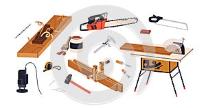 Carpentry and woodwork tools set. Carpenters machines, joinery equipment for wood and timber processing. Cutting, sawing
