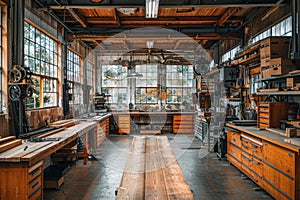 Carpentry workshop with natural light, tools, workbenches, and sawdust