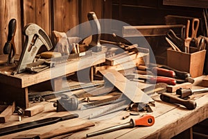 carpentry workshop with tools, saws, and nails on wood