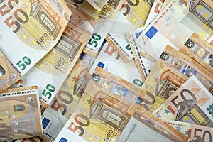 Carpet of 50 euro banknotes. Euro money notes. Fifty Euro banknotes. Euro 50 currency notes - business background